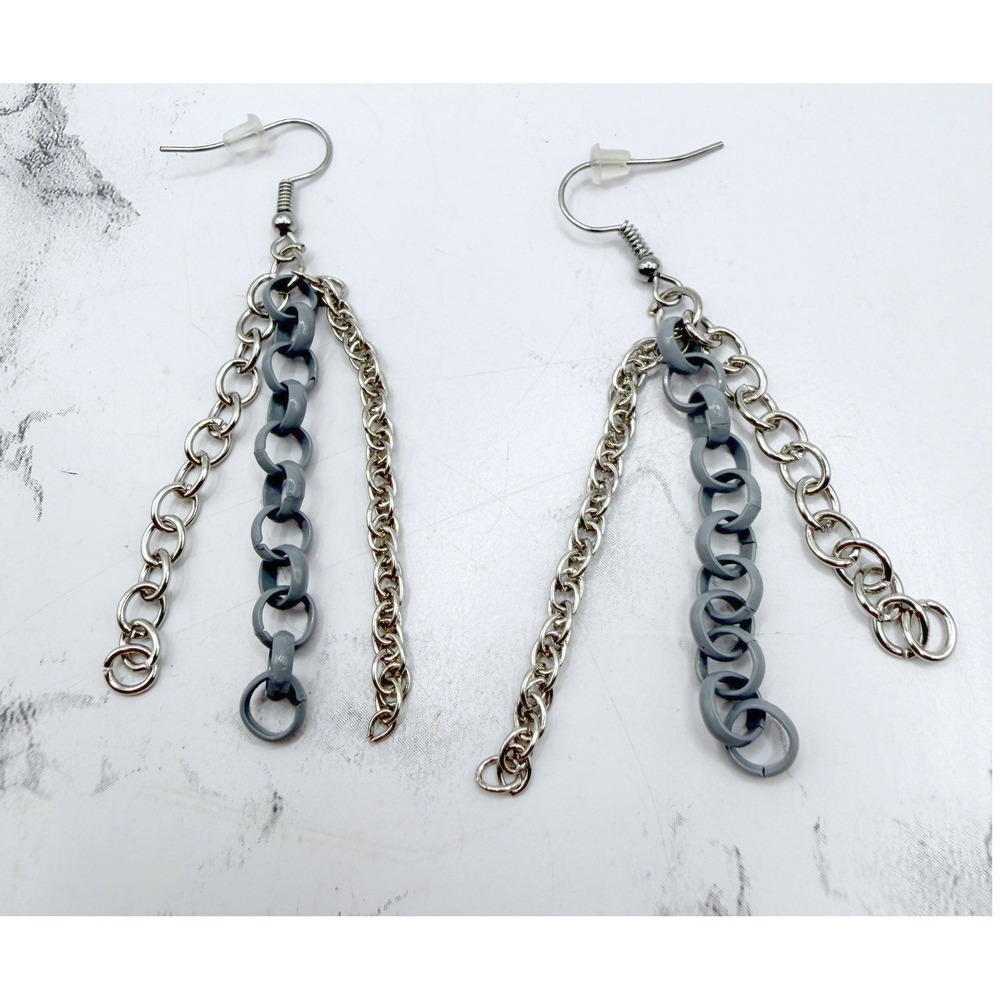 Silver Gray Triple Chain Dangle‎ Earrings Pierced 2.5 Inch Drop